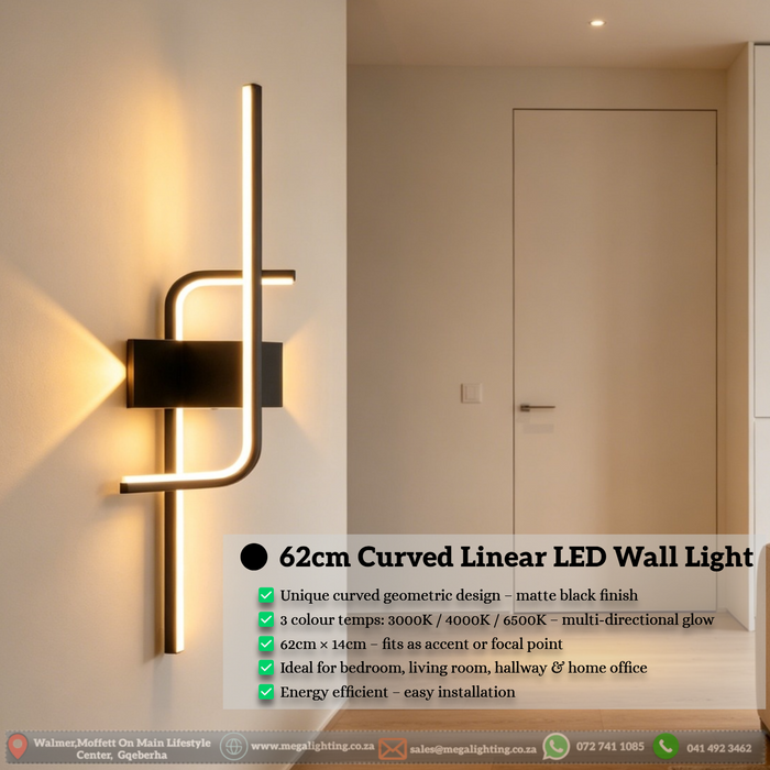 Sleek black curved LED wall light in cool white light, displayed in a minimalist living room – Mega Lighting