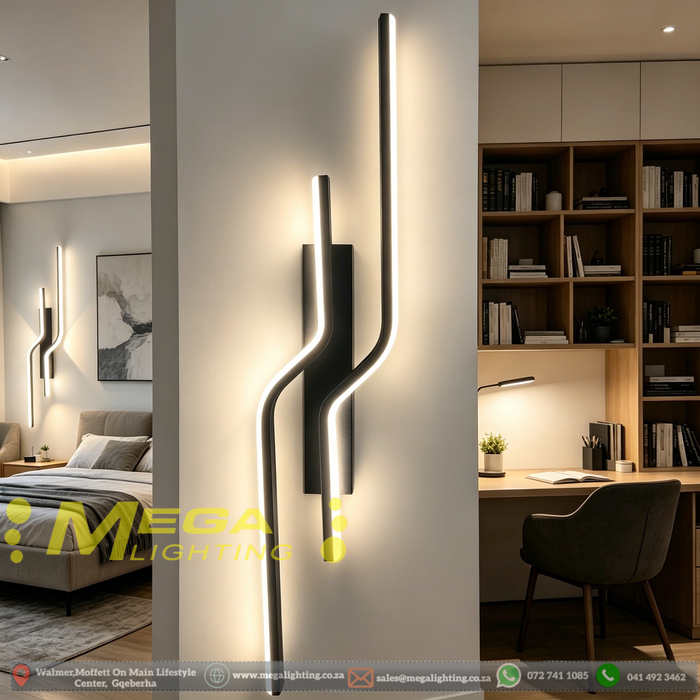 63cm matte black twisted dual-wavy LED wall light installed in a modern bedroom, emitting warm white light – Mega Lighting