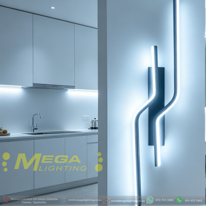 63cm matte black twisted dual-wavy LED wall light installed in a modern bedroom, emitting warm white light – Mega Lighting