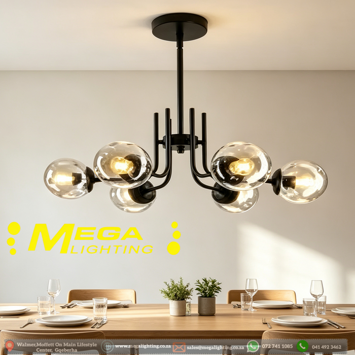 MG‑7003/6 6‑light chandelier smoked dimpled glass full matte black two‑tier curved arms W67×H57cm MEGA LIGHTING South Africa