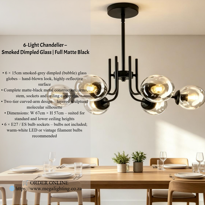 MG‑7003/6 6‑light chandelier smoked dimpled glass full matte black two‑tier curved arms W67×H57cm MEGA LIGHTING South Africa