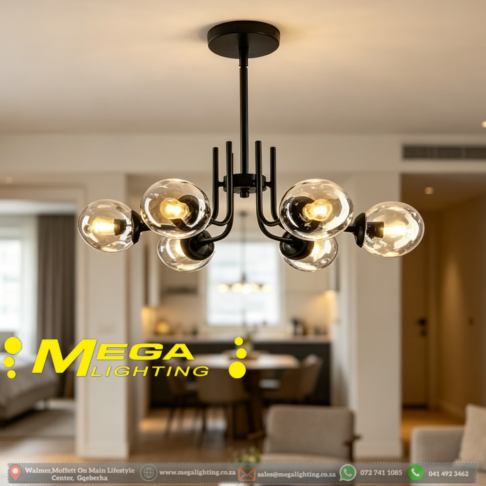 MG‑7003/6 6‑light chandelier smoked dimpled glass full matte black two‑tier curved arms W67×H57cm MEGA LIGHTING South Africa
