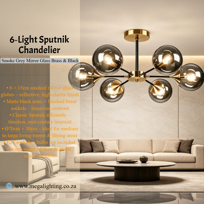 G‑7004/6 Sputnik 6‑light chandelier smoke grey mirror glass brass black frame Ø70cm mid‑century MEGA LIGHTING South Africa
