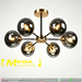G‑7004/6 Sputnik 6‑light chandelier smoke grey mirror glass brass black frame Ø70cm mid‑century MEGA LIGHTING South Africa