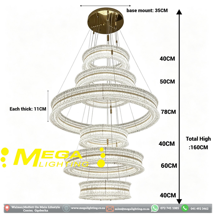 Grand 6‑Tier crystal chandelier 160cm, gold ceiling base adjustable suspension for high ceiling villa stairwell MEGA LIGHTING South Africa