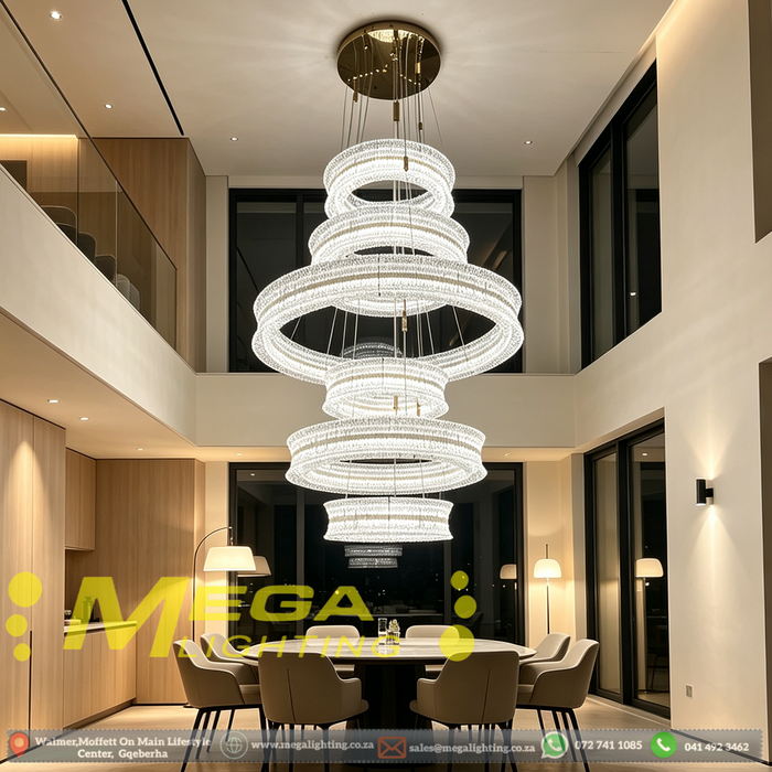 Grand 6‑Tier crystal chandelier 160cm, gold ceiling base adjustable suspension for high ceiling villa stairwell MEGA LIGHTING South Africa