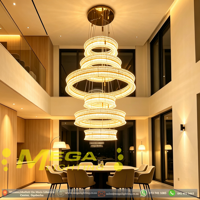 Grand 6‑Tier crystal chandelier 160cm, gold ceiling base adjustable suspension for high ceiling villa stairwell MEGA LIGHTING South Africa