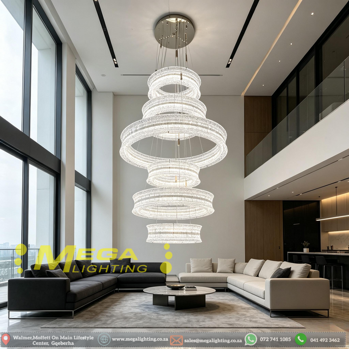 Grand 6‑Tier crystal chandelier 160cm, gold ceiling base adjustable suspension for high ceiling villa stairwell MEGA LIGHTING South Africa