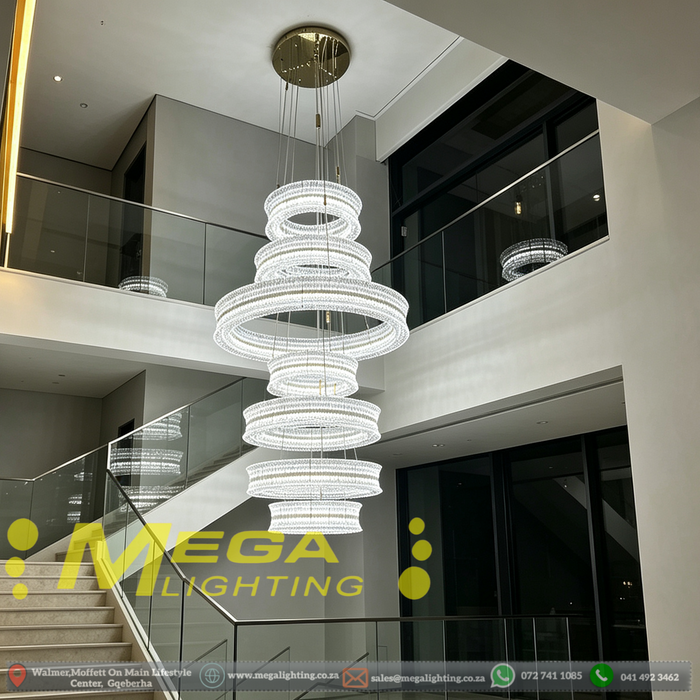 Grand 6‑Tier crystal chandelier 160cm, gold ceiling base adjustable suspension for high ceiling villa stairwell MEGA LIGHTING South Africa