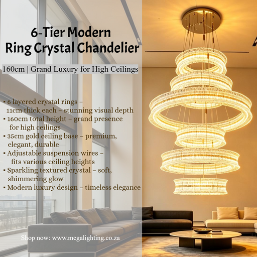 Grand 6‑Tier crystal chandelier 160cm, gold ceiling base adjustable suspension for high ceiling villa stairwell MEGA LIGHTING South Africa
