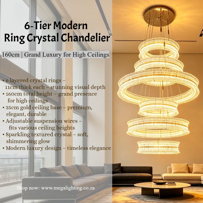Grand 6‑Tier crystal chandelier 160cm, gold ceiling base adjustable suspension for high ceiling villa stairwell MEGA LIGHTING South Africa