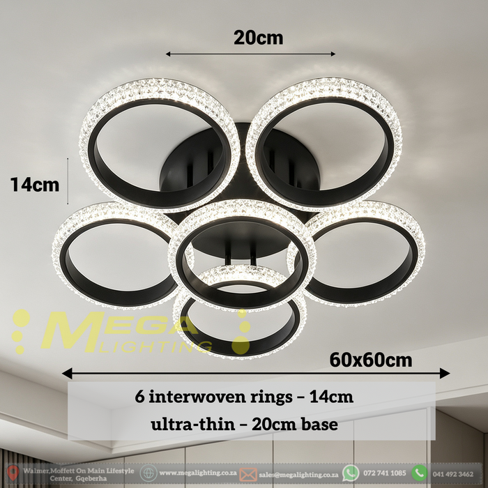 6-ring crystal LED flush ceiling light 60×60cm, 14cm ultra-thin body with 20cm ceiling base, 3-colour dimmable 3000K 4000K 6500K low profile ceiling lamp for living room bedroom lounge, MEGA LIGHTING South Africa