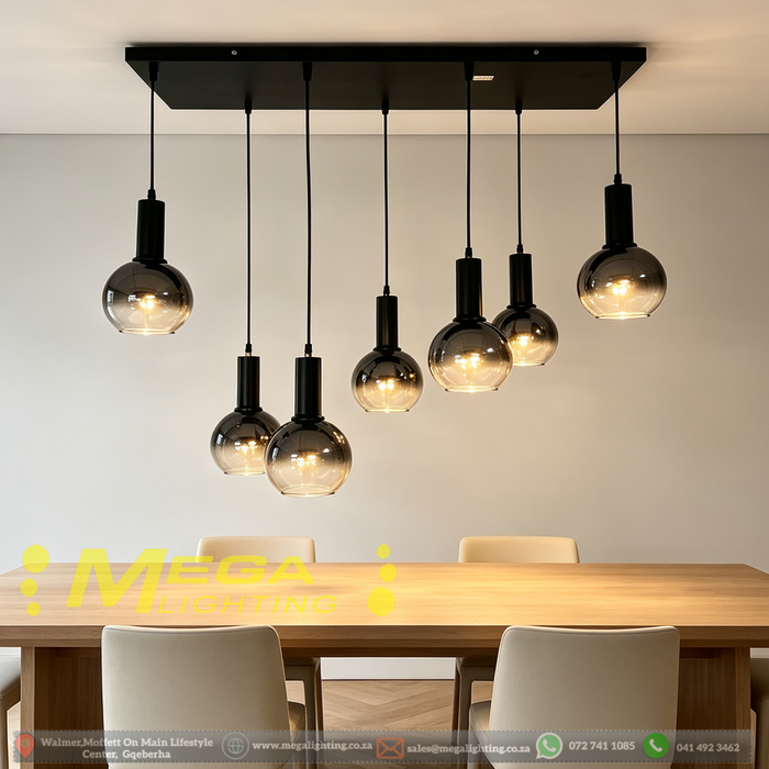 7-Light Smoke Gradient Glass Pendant Light | Matte Black Linear Chandelier | Adjustable Height up to 1m | 800x300mm Base | E27 Bulbs for Dining Room, Kitchen Island & Living Room | MEGA LIGHTING South Africa