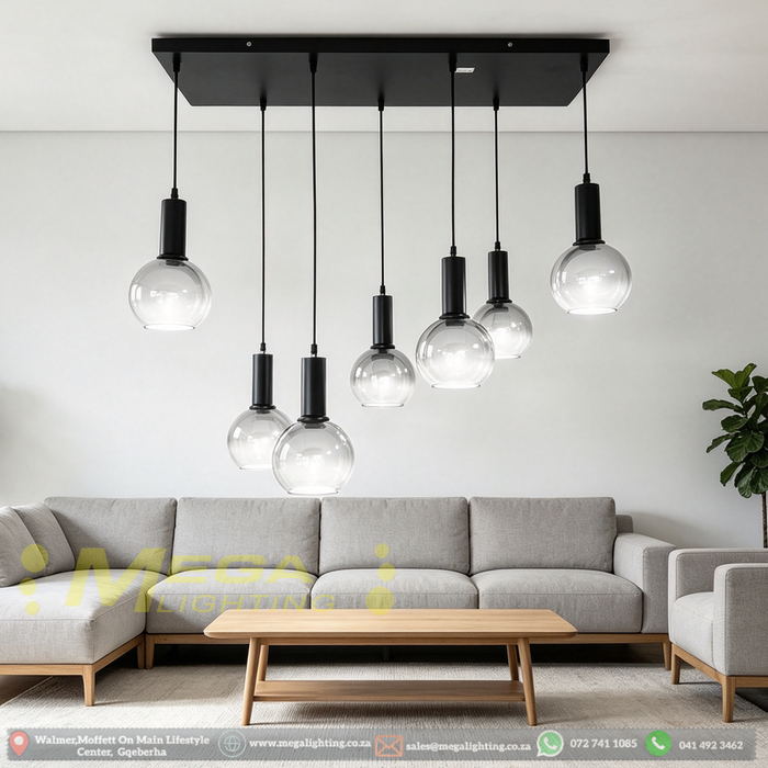 7-Light Smoke Gradient Glass Pendant Light | Matte Black Linear Chandelier | Adjustable Height up to 1m | 800x300mm Base | E27 Bulbs for Dining Room, Kitchen Island & Living Room | MEGA LIGHTING South Africa