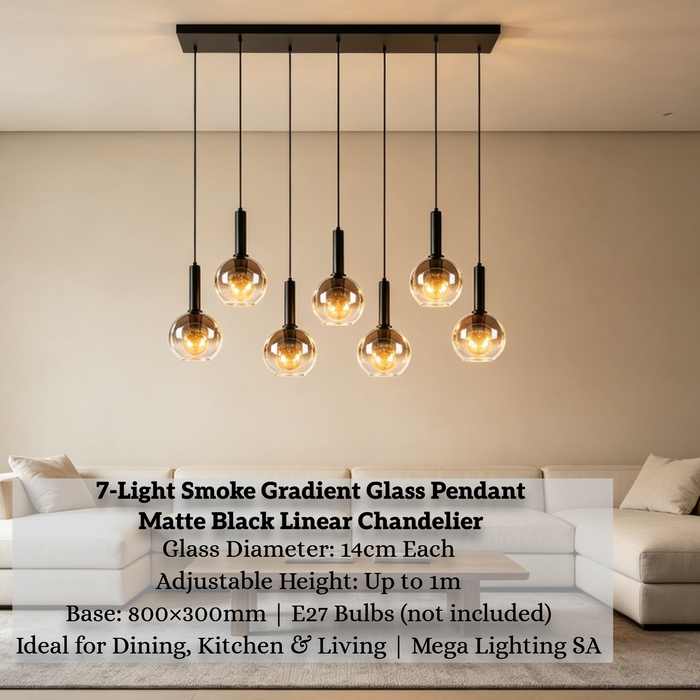 7-light smoke gradient glass pendant light with matte black frame, linear design, warm glow above a dining table
