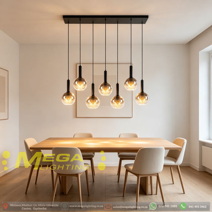 7-light smoke gradient glass pendant light with matte black frame, linear design, warm glow above a dining table