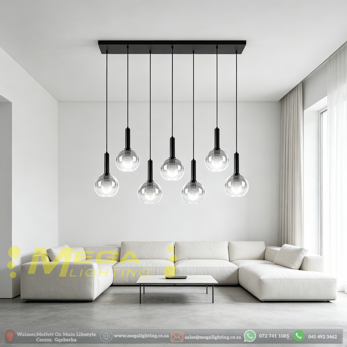 7-light smoke gradient glass pendant light with matte black frame, linear design, warm glow above a dining table