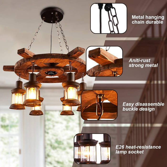 Retro Industrial Chandeliers, 8-Head Wooden Horse Wheel Chandelier, Bar Hanging Adjustable Lighting, Round Kitchen Island Light, for Dining Room Living Room Foyer Porch 28in