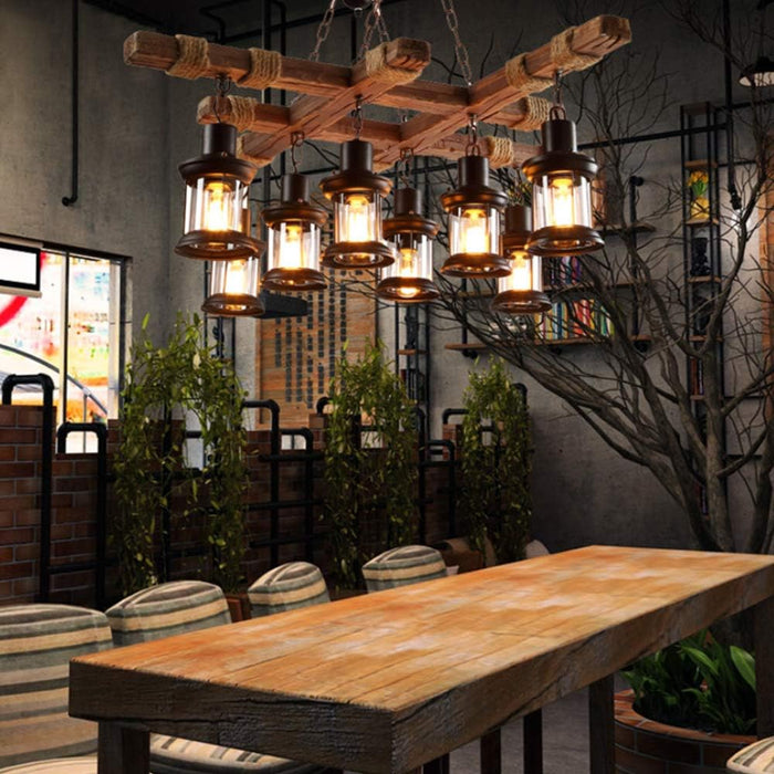 Retro Wood Pendant Lamp Lighting Hanging Lamp E27 Screw Hanging Lamp Solid Wood Wrought Iron Suitable for Restaurant and Bar Night Lighting Energy Saving Lamps,8 Heads