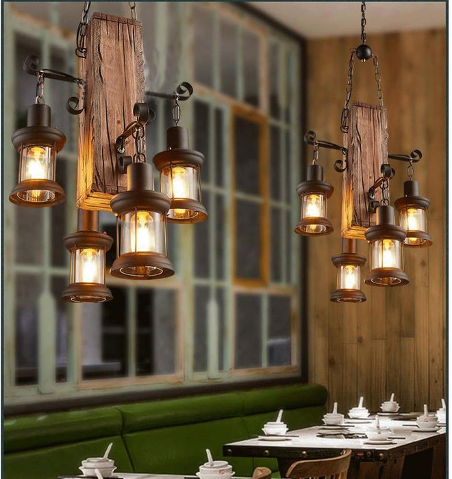 Rustic Wood Block & Iron 4 Lamp Pendant Chandelier