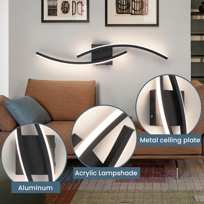 Black LED Wall Sconces Light, 3 in 1 Color 3000K-6000K Modern LED&nbsp; Wall Light for Living Room, Hallway, Bedroom