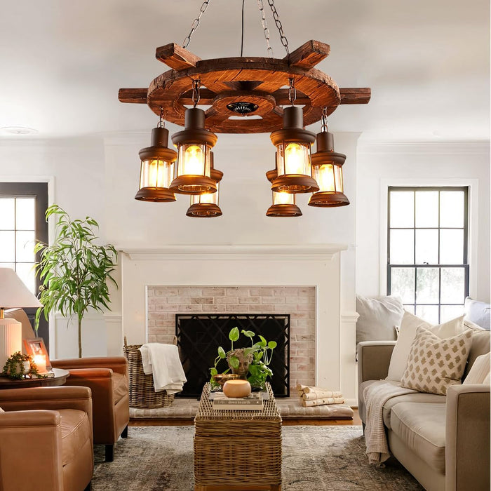 Retro Industrial Chandeliers, 8-Head Wooden Horse Wheel Chandelier, Bar Hanging Adjustable Lighting, Round Kitchen Island Light, for Dining Room Living Room Foyer Porch 28in