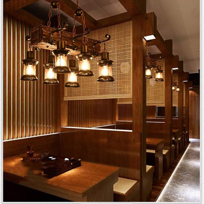 E27 American Style Industrial Style Chandelier,Nostalgic Solid Wood Lamps,Creative Retro Personality Wood Chandelier,Restaurant Bar Bar Café-Wood and black 55 * 100cm