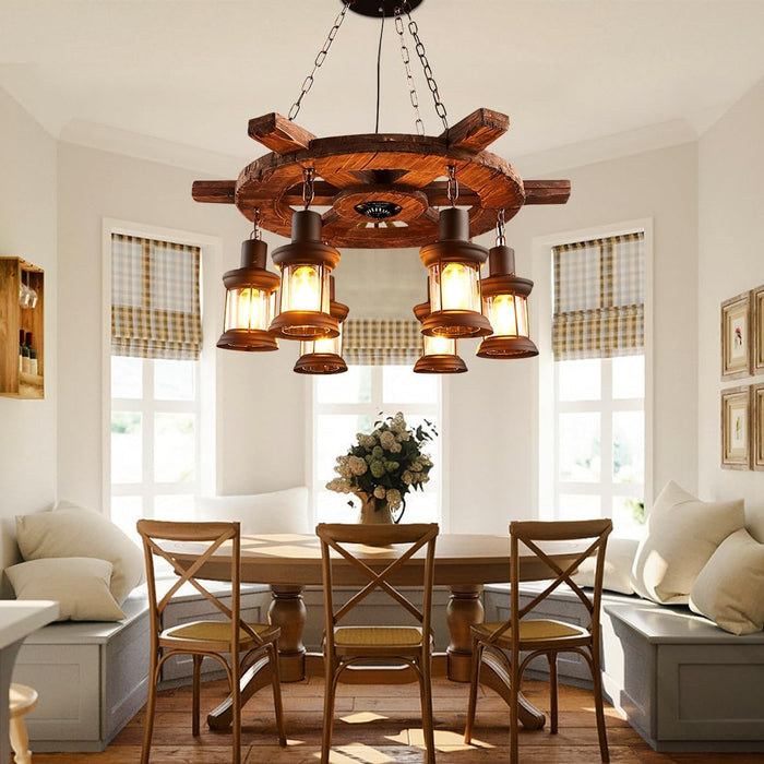 Retro Industrial Chandeliers, 8-Head Wooden Horse Wheel Chandelier, Bar Hanging Adjustable Lighting, Round Kitchen Island Light, for Dining Room Living Room Foyer Porch 28in
