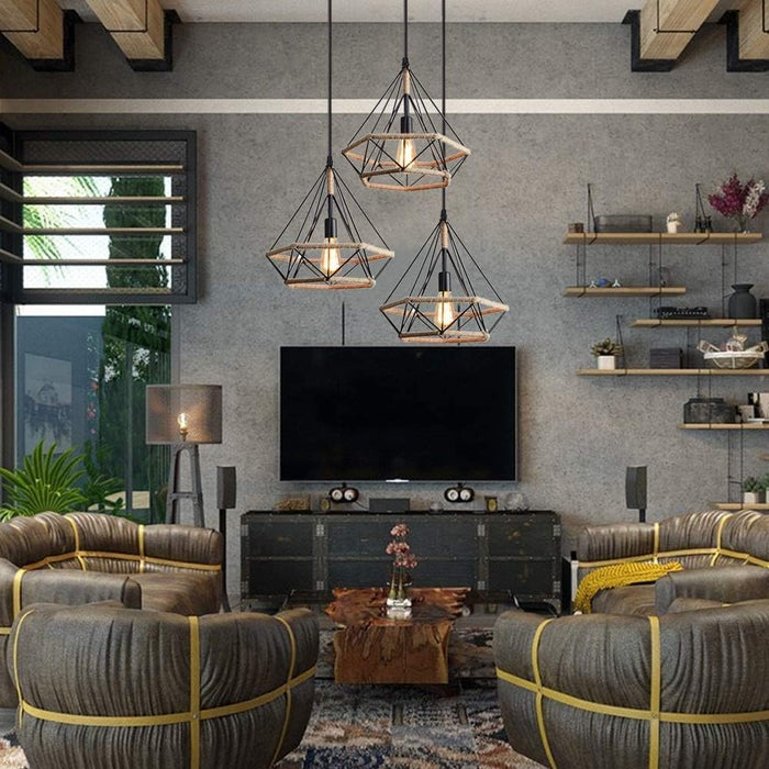 Vintage Black Iron Cage Pendant Light | Loft Style With Hemp Rope | Mega Lighting
