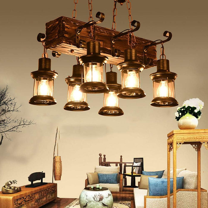 E27 American Style Industrial Style Chandelier,Nostalgic Solid Wood Lamps,Creative Retro Personality Wood Chandelier,Restaurant Bar Bar Café-Wood and black 55 * 100cm