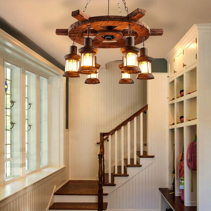 Retro Industrial Chandeliers, 8-Head Wooden Horse Wheel Chandelier, Bar Hanging Adjustable Lighting, Round Kitchen Island Light, for Dining Room Living Room Foyer Porch 28in