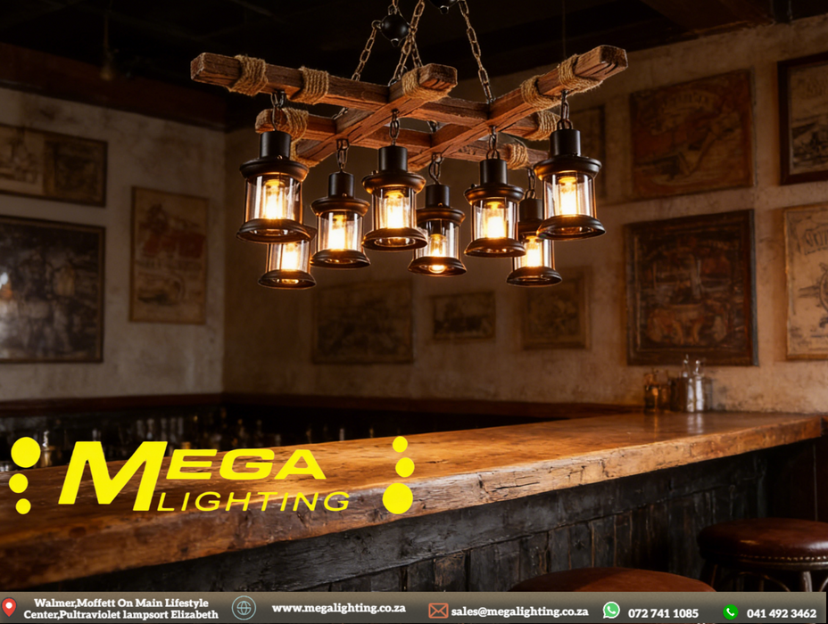 Retro Wood 8-Head Pendant Lamp | Solid Wood & Wrought Iron Hanging Light E27 | South Africa | MEGA LIGHTING