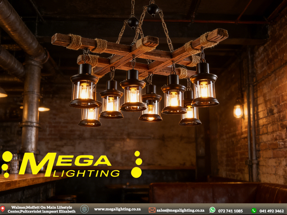 Retro Wood 8-Head Pendant Lamp | Solid Wood & Wrought Iron Hanging Light E27 | South Africa | MEGA LIGHTING