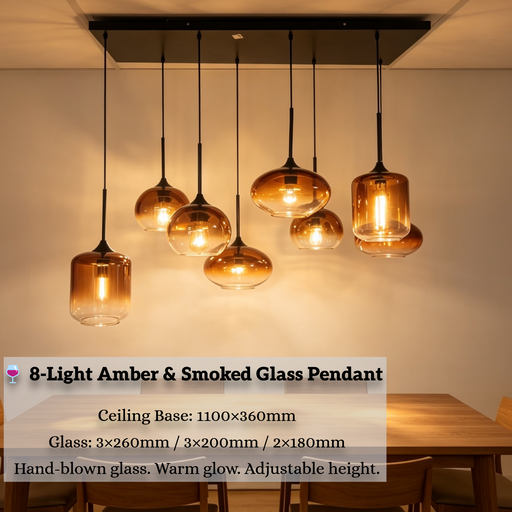 8-light linear pendant light with hand-blown amber and smoked glass shades, modern long hanging ceiling lamp for kitchen island dining table open plan living room, MEGA LIGHTING South Africa