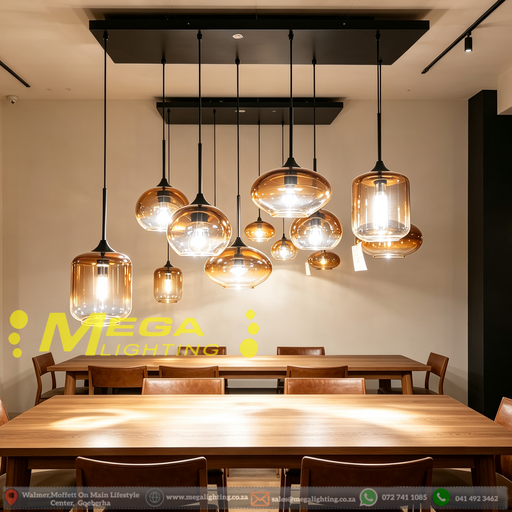 8-light linear pendant light with hand-blown amber and smoked glass shades, modern long hanging ceiling lamp for kitchen island dining table open plan living room, MEGA LIGHTING South Africa