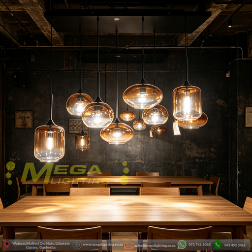 8-light linear pendant light with hand-blown amber and smoked glass shades, modern long hanging ceiling lamp for kitchen island dining table open plan living room, MEGA LIGHTING South Africa
