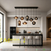 Modern linear pendant light with 8 mixed amber and smoked glass shades above a kitchen island – Mega Lighting
