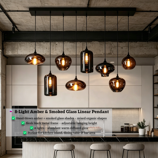 Modern linear pendant light with 8 mixed amber and smoked glass shades above a kitchen island – Mega Lighting