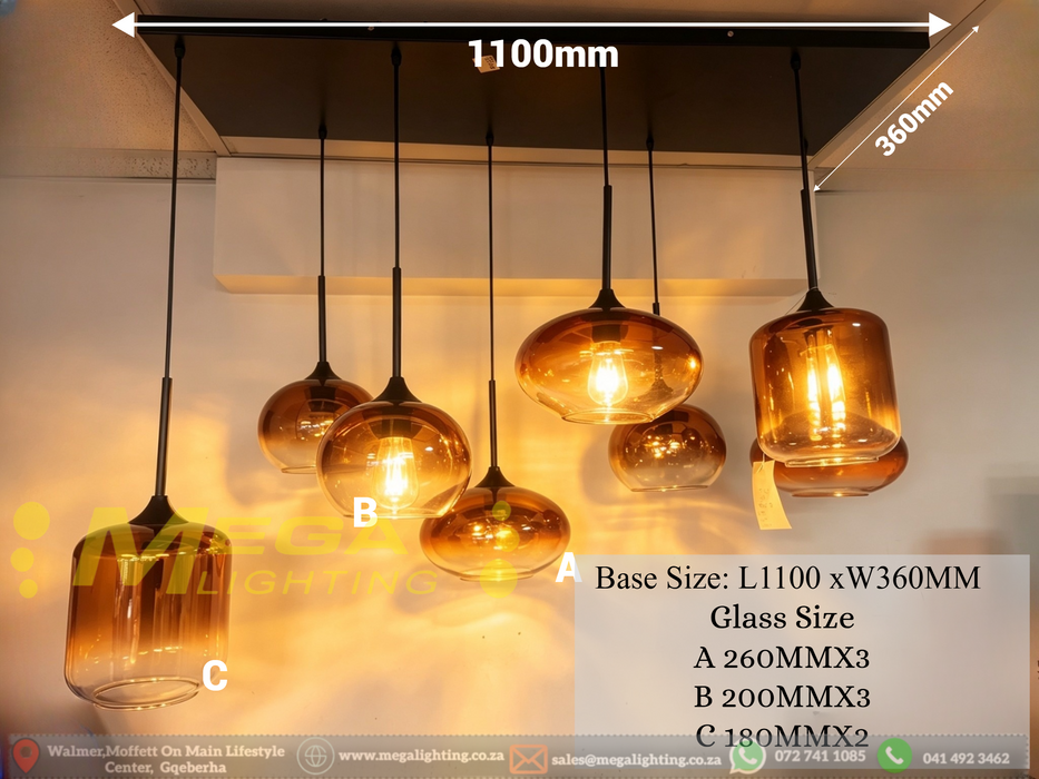 8-light linear pendant light with hand-blown amber and smoked glass shades, modern long hanging ceiling lamp for kitchen island dining table open plan living room, MEGA LIGHTING South Africa
