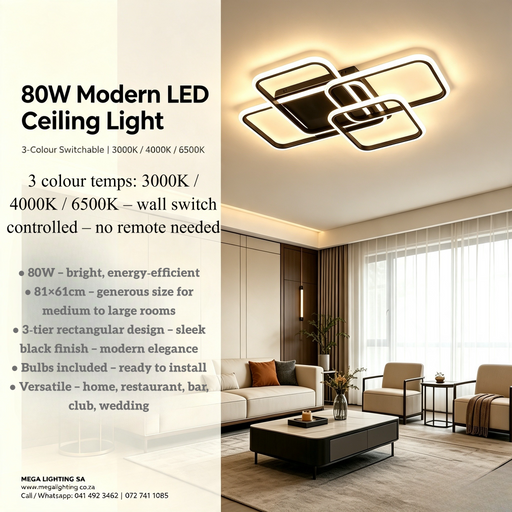 80W 3-Tier Rectangular LED Ceiling Light – 81×61cm | 3-Color Switchable (3000K/4000K/6500K) | Wall Switch Control – | Modern Black Flush Mount for Living Room, Bedroom & Dining Room | MEGA LIGHTING South Africa