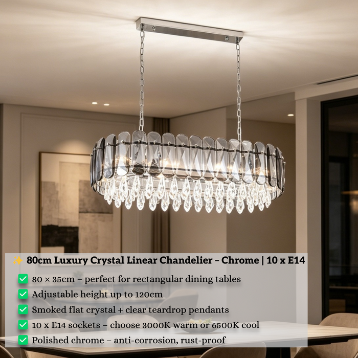 80cm Luxury Crystal Linear Chandelier | 10 x E14 Sockets | Smoked Flat Crystal + Clear Teardrop Pendants | Polished Chrome Finish | Adjustable Height up to 120cm for Dining Room, Living Room & Kitchen Island | MEGA LIGHTING South Africa