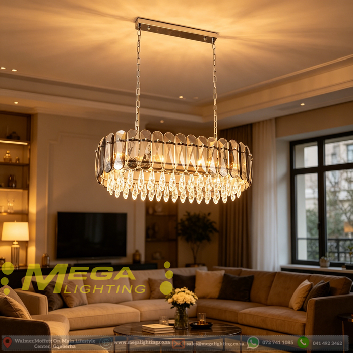 80cm Luxury Crystal Linear Chandelier | 10 x E14 Sockets | Smoked Flat Crystal + Clear Teardrop Pendants | Polished Chrome Finish | Adjustable Height up to 120cm for Dining Room, Living Room & Kitchen Island | MEGA LIGHTING South Africa