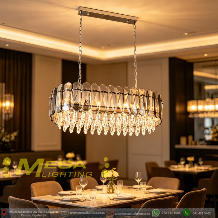 80cm Luxury Crystal Linear Chandelier | 10 x E14 Sockets | Smoked Flat Crystal + Clear Teardrop Pendants | Polished Chrome Finish | Adjustable Height up to 120cm for Dining Room, Living Room & Kitchen Island | MEGA LIGHTING South Africa