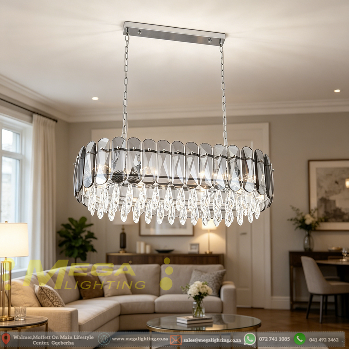 80cm Luxury Crystal Linear Chandelier | 10 x E14 Sockets | Smoked Flat Crystal + Clear Teardrop Pendants | Polished Chrome Finish | Adjustable Height up to 120cm for Dining Room, Living Room & Kitchen Island | MEGA LIGHTING South Africa