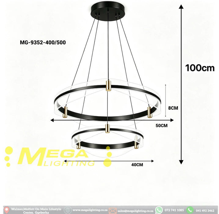 MG‑9352‑400/500 Double‑Ring LED Pendant Light – 50cm &amp; 40cm Rings | Black‑Gold Frame | Clear Acrylic | 3-Color Switchable (3000K/4000K/6500K) | Adjustable Height for Dining Room, Living Room &amp; Open‑Plan Home | MEGA LIGHTING South Africa