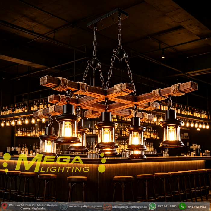 8‑light rustic wood beam pendant light, each beam 78cm, distressed wood jute rope clear glass lantern shade industrial pendant for dining room bar cafe kitchen island