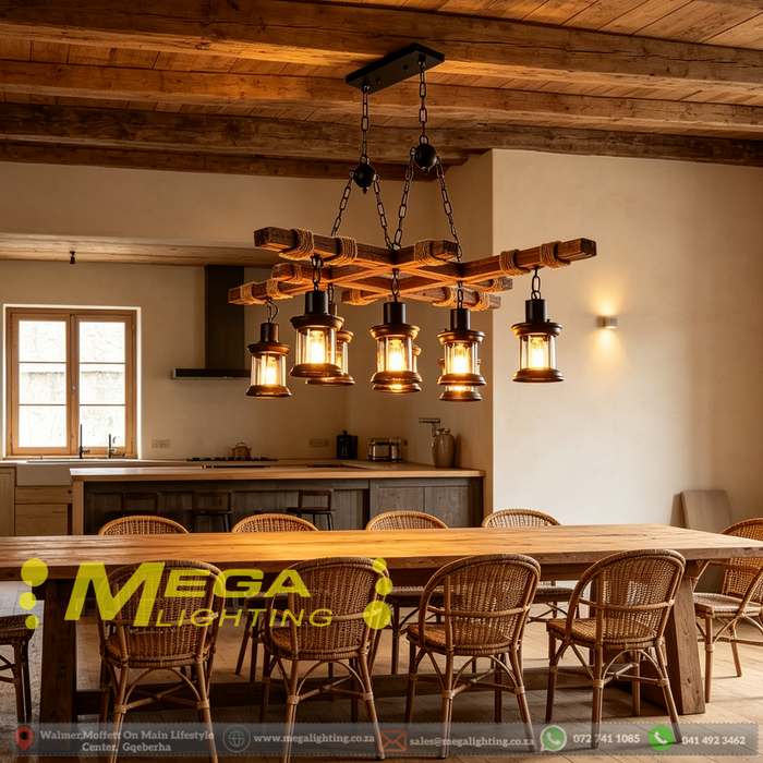 8‑light rustic wood beam pendant light, each beam 78cm, distressed wood jute rope clear glass lantern shade industrial pendant for dining room bar cafe kitchen island