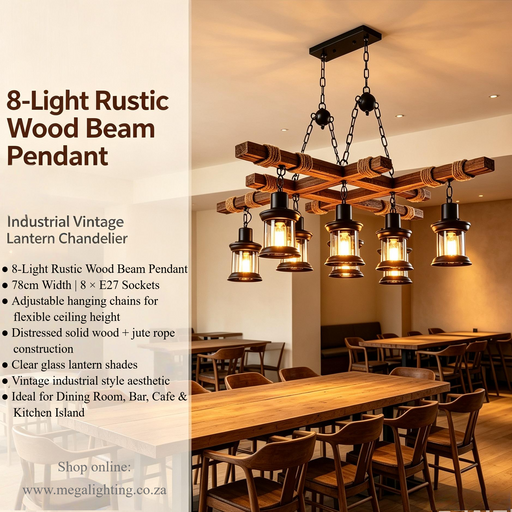 8‑light rustic wood beam pendant light, each beam 78cm, distressed wood jute rope clear glass lantern shade industrial pendant for dining room bar cafe kitchen island
