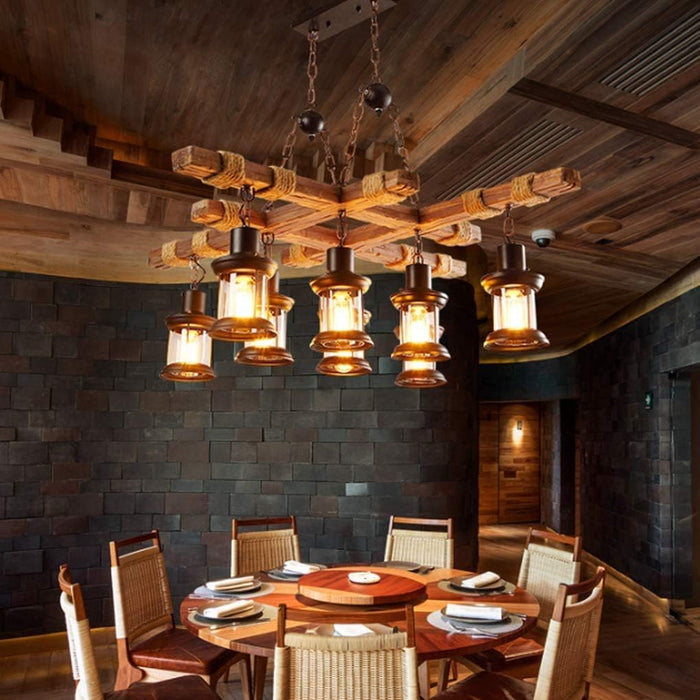 8‑light rustic wood beam pendant light, each beam 78cm, distressed wood jute rope clear glass lantern shade industrial pendant for dining room bar cafe kitchen island