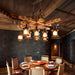 8‑light rustic wood beam pendant light, each beam 78cm, distressed wood jute rope clear glass lantern shade industrial pendant for dining room bar cafe kitchen island